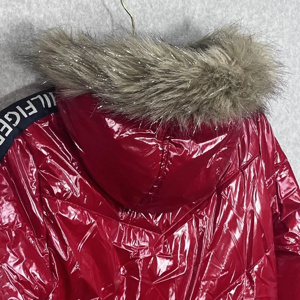 Tommy Hilfiger Girls Puffer Jacket 12/14‎ Lg Red High Shine Chevron Scarlet Logo